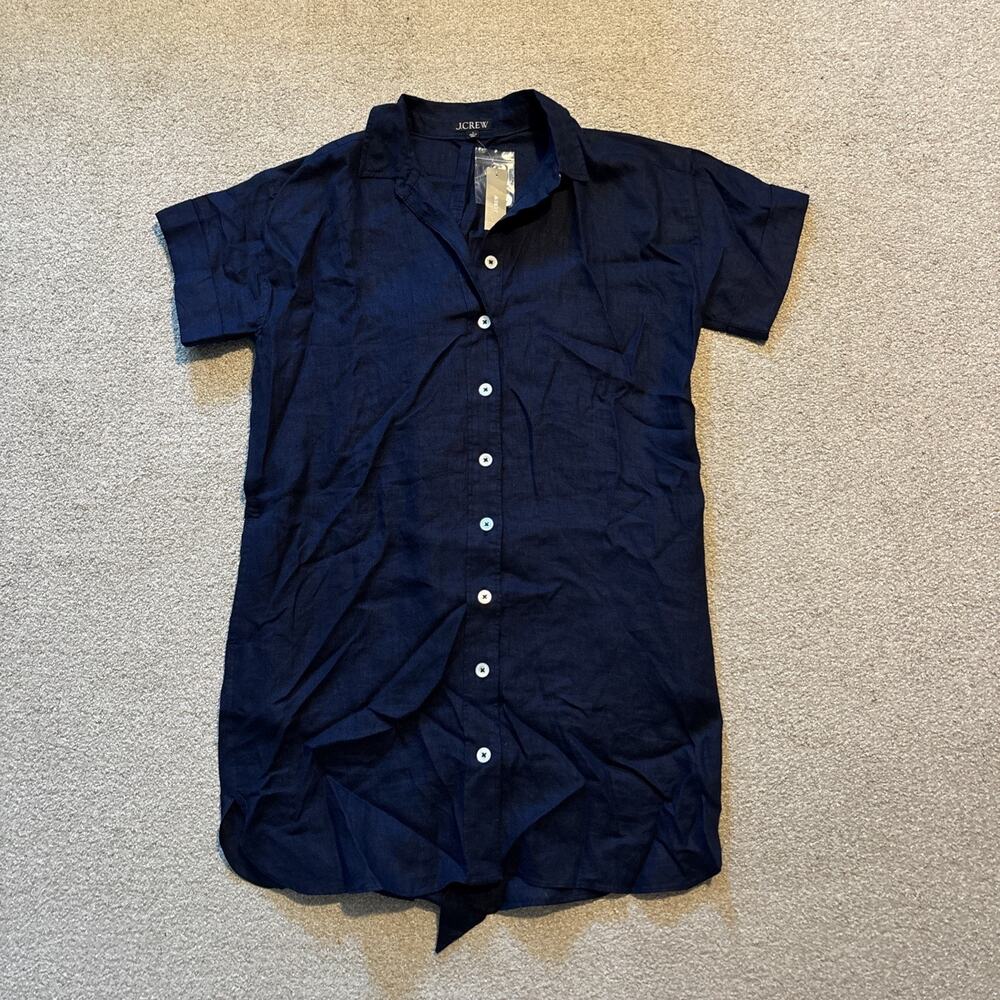 J. Crew 100% Irish Linen Navy Button Up Short Sleeve Shirt Dress Women Sz S NWT